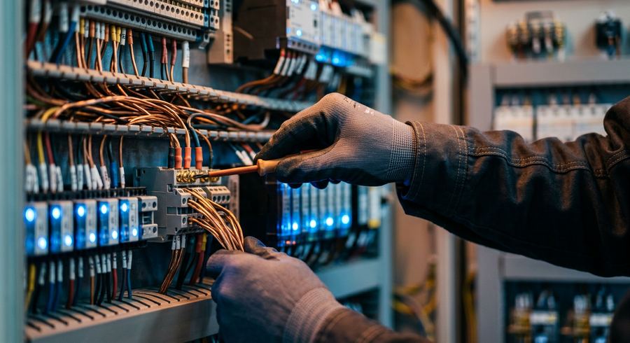 Técnico conectando cableado de cobre en un tablero de control