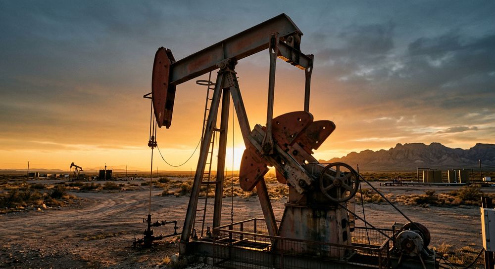 Unidad de bombeo petrolera al atardecer