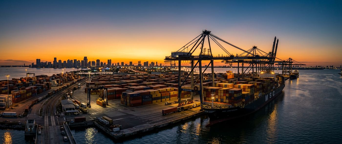 Puerto de Miami al atardecer, buque portacontenedores en carga